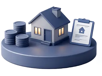 Home loan approval with house model, coins and mortgage application